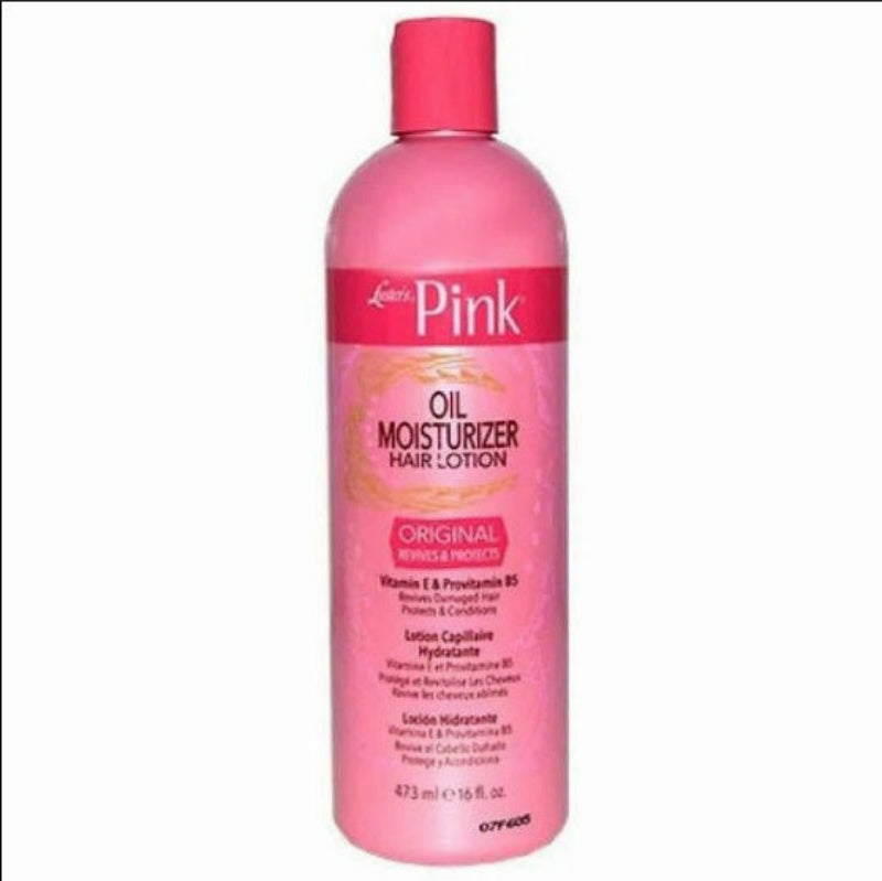 Pink bottle of L'Oreal Paris Pink Oil Moisturizer Hair Lotion on a white background