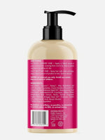 Lotion bottle with pump and pink label on a white background