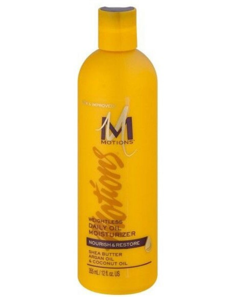 Yellow bottle of Motions Weightless Daily Oil Moisturizer on a white background