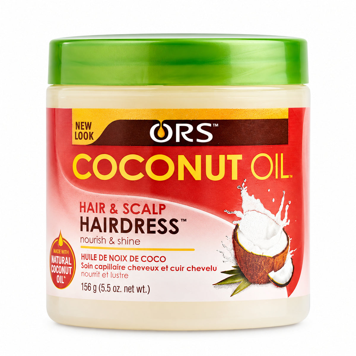 A jar of ORS Coconut Oil Hair & Scalp Hairdress against a white background. The product is in a clear plastic jar showing the cream-colored hairdress inside, with a bright green lid and a red and yellow label featuring a coconut graphic.