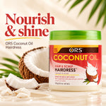 A jar of ORS Coconut Oil Hairdress hair treatment with a green lid and red/white label, shown on a warm beige background with coconut imagery and palm leaves. Large text reads 'Nourish & shine' and 'ORS Coconut Oil Hairdress.