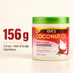 A 5.5 oz jar of ORS Coconut Oil Hair & Scalp Hairdress with a green lid and red/white label, shown on a light beige background with '156 g' text on the left.