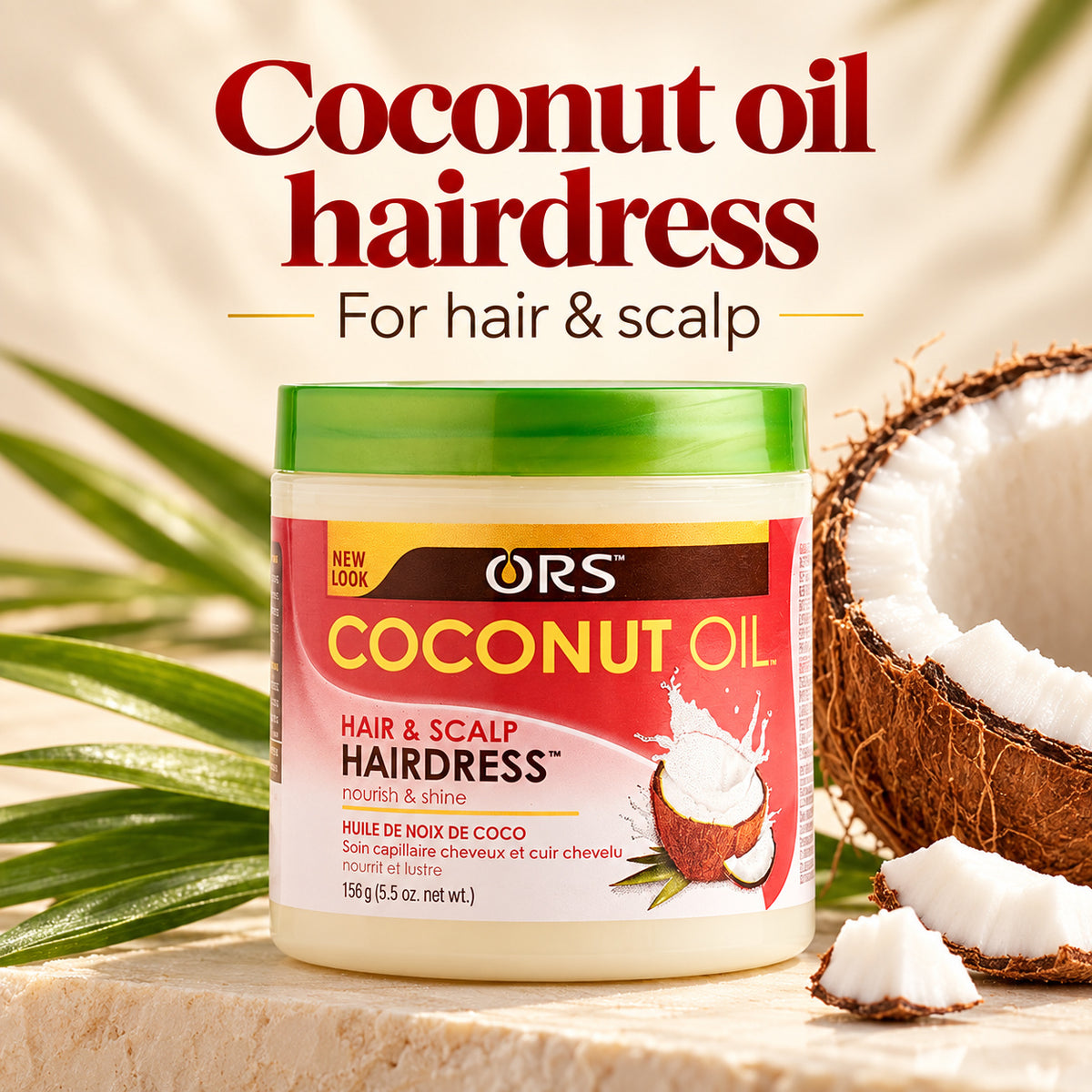 A jar of ORS Coconut Oil Hairdress hair and scalp treatment sits on a stone surface with a cut coconut and palm leaves around it. Large text at the top reads 'Coconut oil hairdress For hair & scalp'.