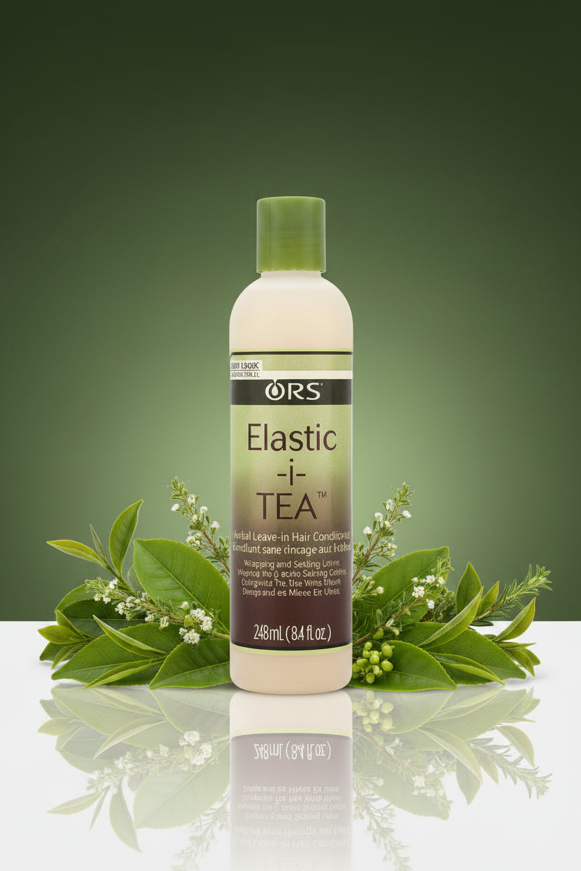Bottle of ORS Elastic-i-Tea hair product on a white background