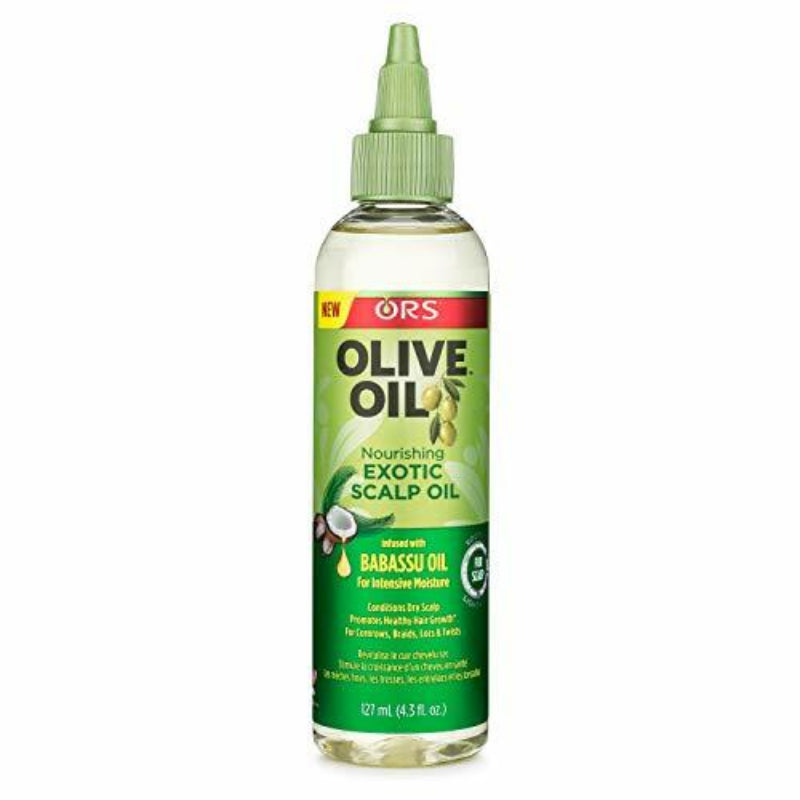 Bottle of ORS Olive Oil Nourishing Exotic Scalp Oil on a white background