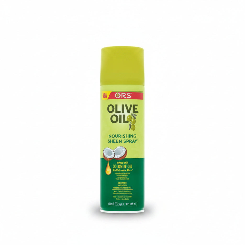 Olive Oil Nourishing Sheen Spray can with green label on a white background