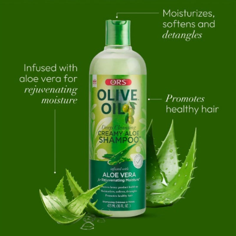 ORs Olive Oil Creamy Aloe Shampoo bottle with aloe vera leaves on a green background