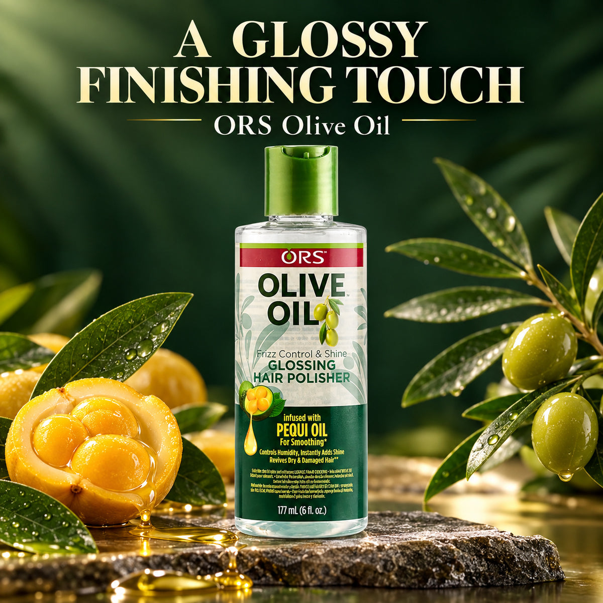 A bottle of ORS Olive Oil Glossing Hair Polisher stands on a stone surface with olives, leaves, and golden oil around it. Large text at the top reads 'A GLISSY FINISHING TOUCH ORS Olive Oil'.