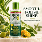 A bottle of ORS Olive Oil Glossing Hair Polisher stands on a light stone surface with olive oil droplets, whole and halved olives, and green leaves around it. Large text on the right reads 'SMOOTH.