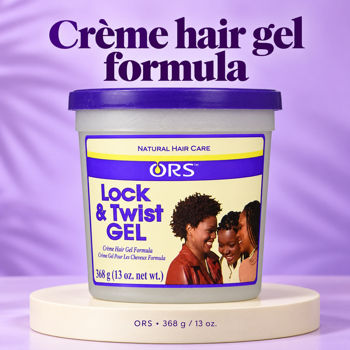 A tub of ORS Lock & Twist Gel hair care product displayed on a cream pedestal against a lavender background, with large text reading 'Crème hair gel formula' above it.