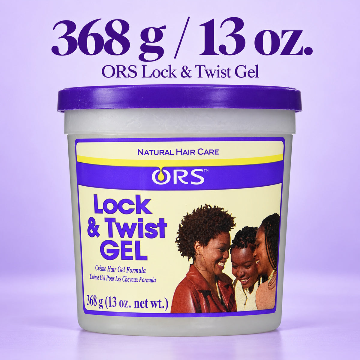 A tub of ORS Lock & Twist Gel shown on a light lavender background with large text reading '368 g / 13 oz.' above it.