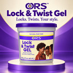 A tub of ORS Lock & Twist Gel hair gel shown on a purple and cream studio background with large product text above. The container is white with a purple lid and purple label accents, and the front label includes the ORS brand name and a photo of three women.