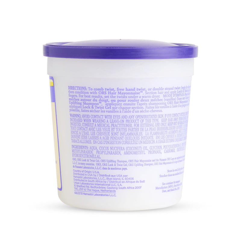 Container with purple lid and label on a white background