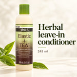 A bottle of ORS Elastic-i-Tea Herbal Leave-In Conditioner with a green cap and green label accents, shown on a bright white background with green leaves and the text 'Herbal leave-in conditioner 248 ml'.