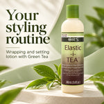 A bottle of ORS Elastic-i-TEA herbal leave-in hair conditioner with green tea, styled on a light stone pedestal with green tea leaves and a soft green background. Text on the left reads 'Your styling routine' and 'Wrapping and setting lotion with Green Tea'.