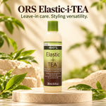 A bottle of ORS Elastic-i-TEA leave-in hair conditioner with green cap and label, displayed on a stone pedestal with green leaves and warm beige background. Text at the top reads 'ORS Elastic-i-TEA Leave-in care.