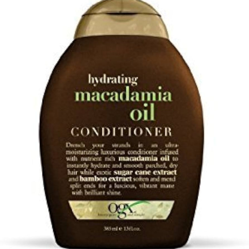 OGX hydrating macadamia oil conditioner bottle on a white background