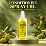 A bottle of Palmer's Olive Oil Formula Conditioning Spray Oil stands on a round pedestal, surrounded by olive branches and olives against a soft olive-green background. Large text at the top reads 'CONDITIONING SPRAY OIL' and 'Palmer's Olive Oil Formula • 150ml'.