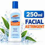 A bottle of Palmer's Skin Success Deep Cleansing Astringent with a blue cap and blue/orange label, shown on a white background with water splashes and green leaves. Large text on the right reads '250ml FACIAL ASTRINGENT'.