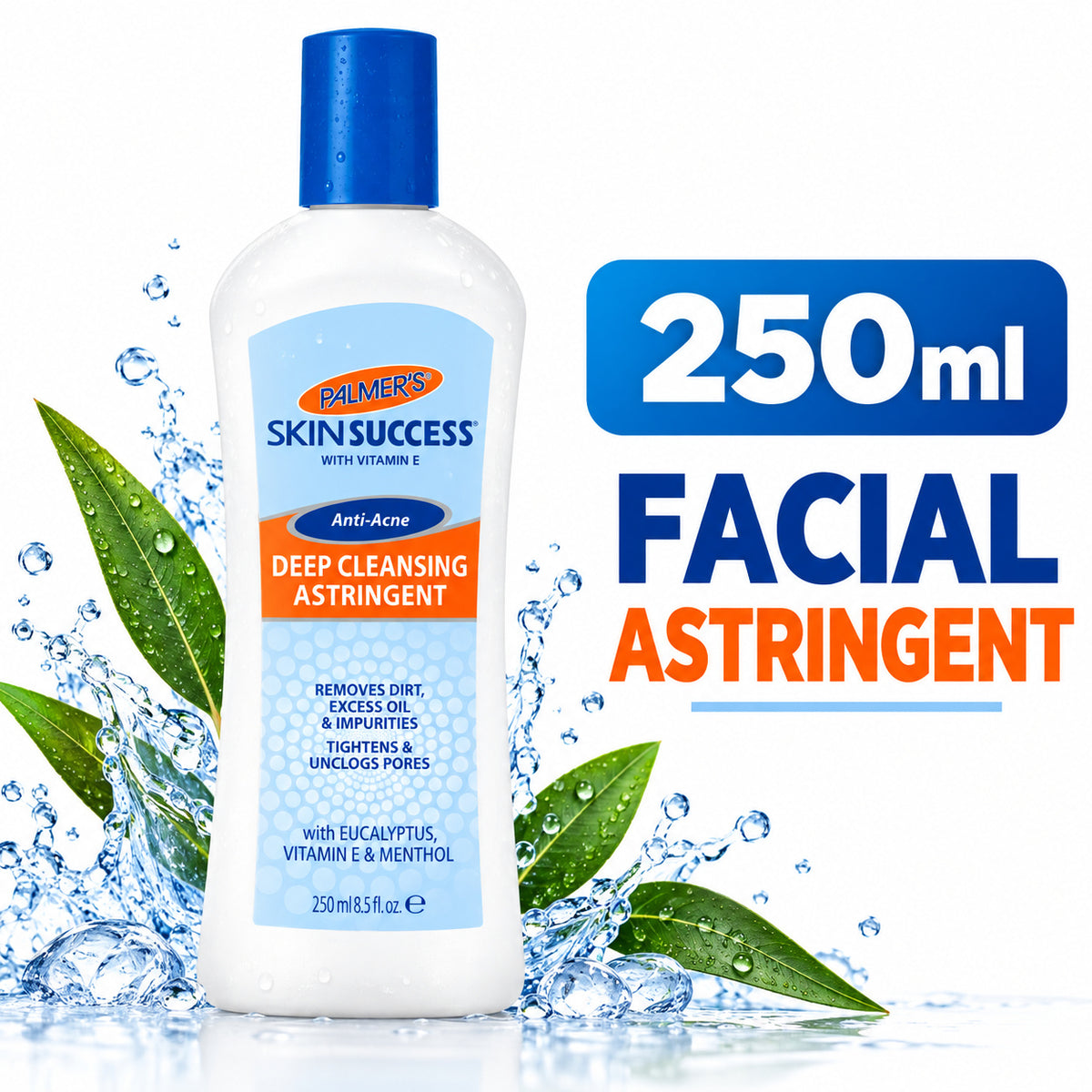 A bottle of Palmer's Skin Success Deep Cleansing Astringent with a blue cap and blue/orange label, shown on a white background with water splashes and green leaves. Large text on the right reads '250ml FACIAL ASTRINGENT'.