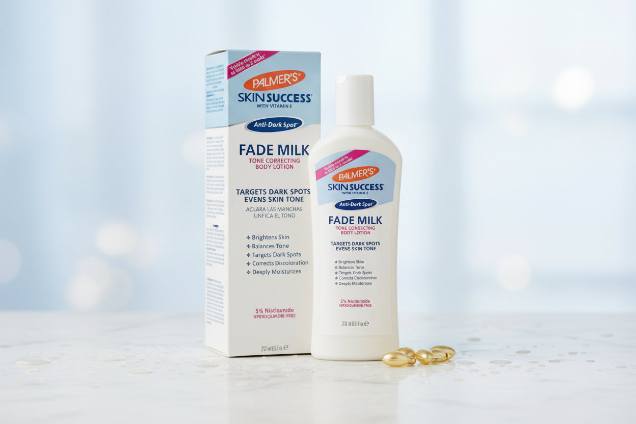 A bottle of Palmer's Skin Success Fade Milk Tone Correcting Body Lotion next to its retail box, displayed on a clean white background.