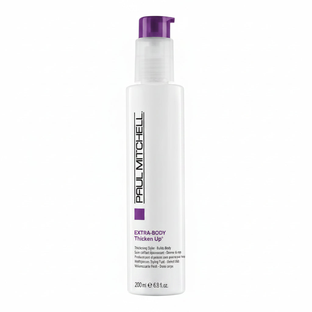 White bottle of Paul Mitchell Extra-Body Thicken Up product on a white background
