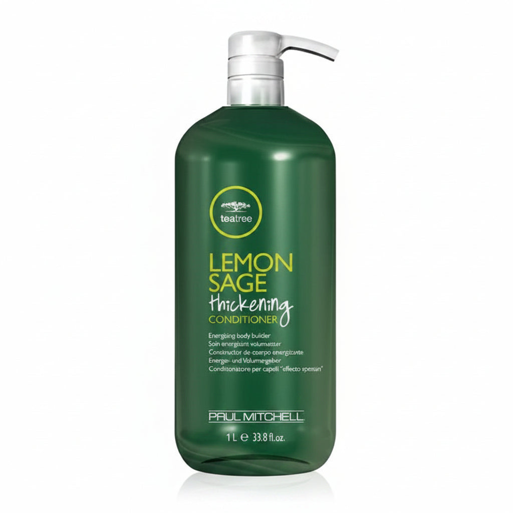 Green bottle of Paul Mitchell Lemon Sage thickening conditioner on a white background