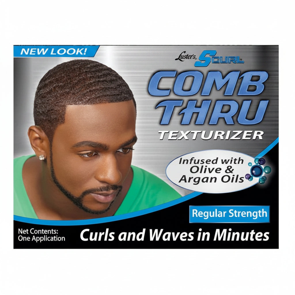Luster's S-Curl Comb Thru Texturizer packaging with a man's face on a white background