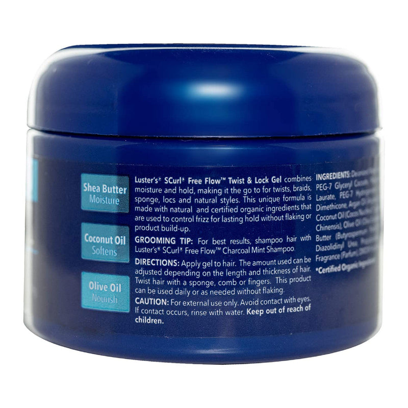 Blue jar of Luster's S Curl Free Flow Twist & Lock Gel with text on a white background