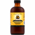A 230 mL amber glass bottle of Sunny Isle Jamaican Black Castor Oil with a black cap and a yellow label, shown on a plain white background.