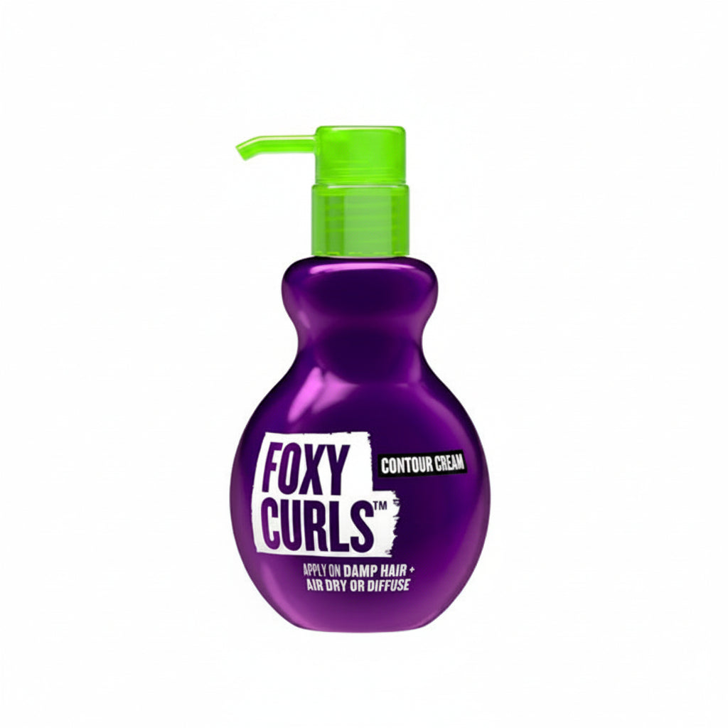 Purple bottle of Foxy Curls Contour Cream with a green pump on a white background