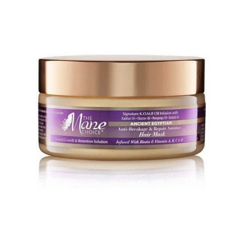 Hair mask jar with gold lid and purple label on a white background