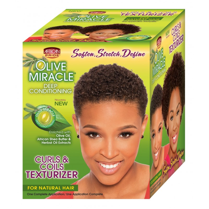 Olive Miracle hair product box with a woman's face on a green background