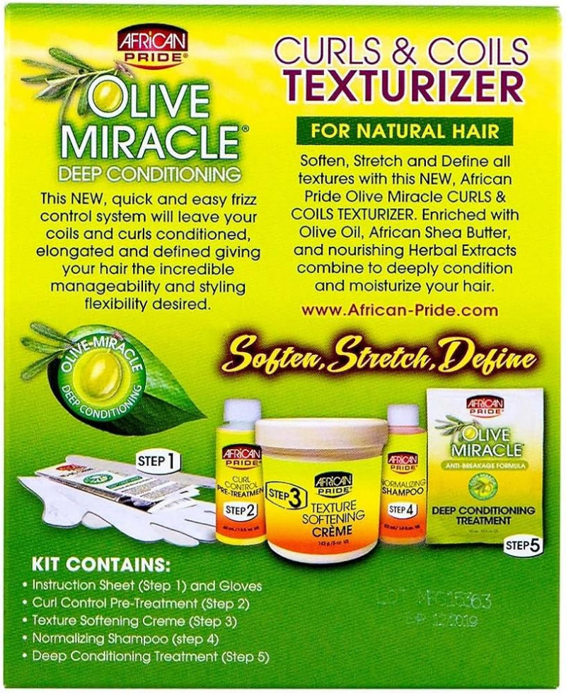 African Pride Olive Miracle hair care product set with text on a green background