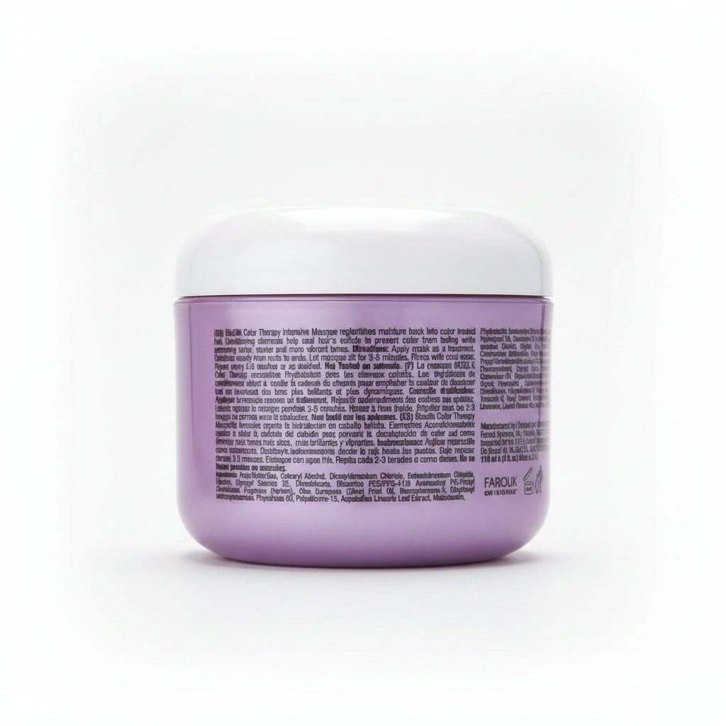 Purple hair mask jar with white lid on a white background