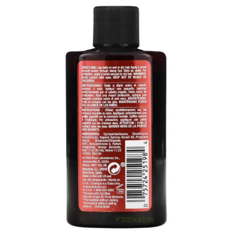 Back label of a hair product bottle with text and a barcode on a white background