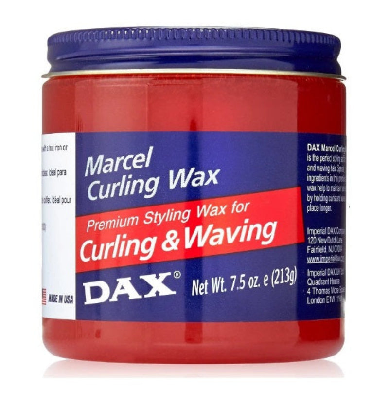 Jar of DAX Marcel Curling Wax with red and blue label on white background