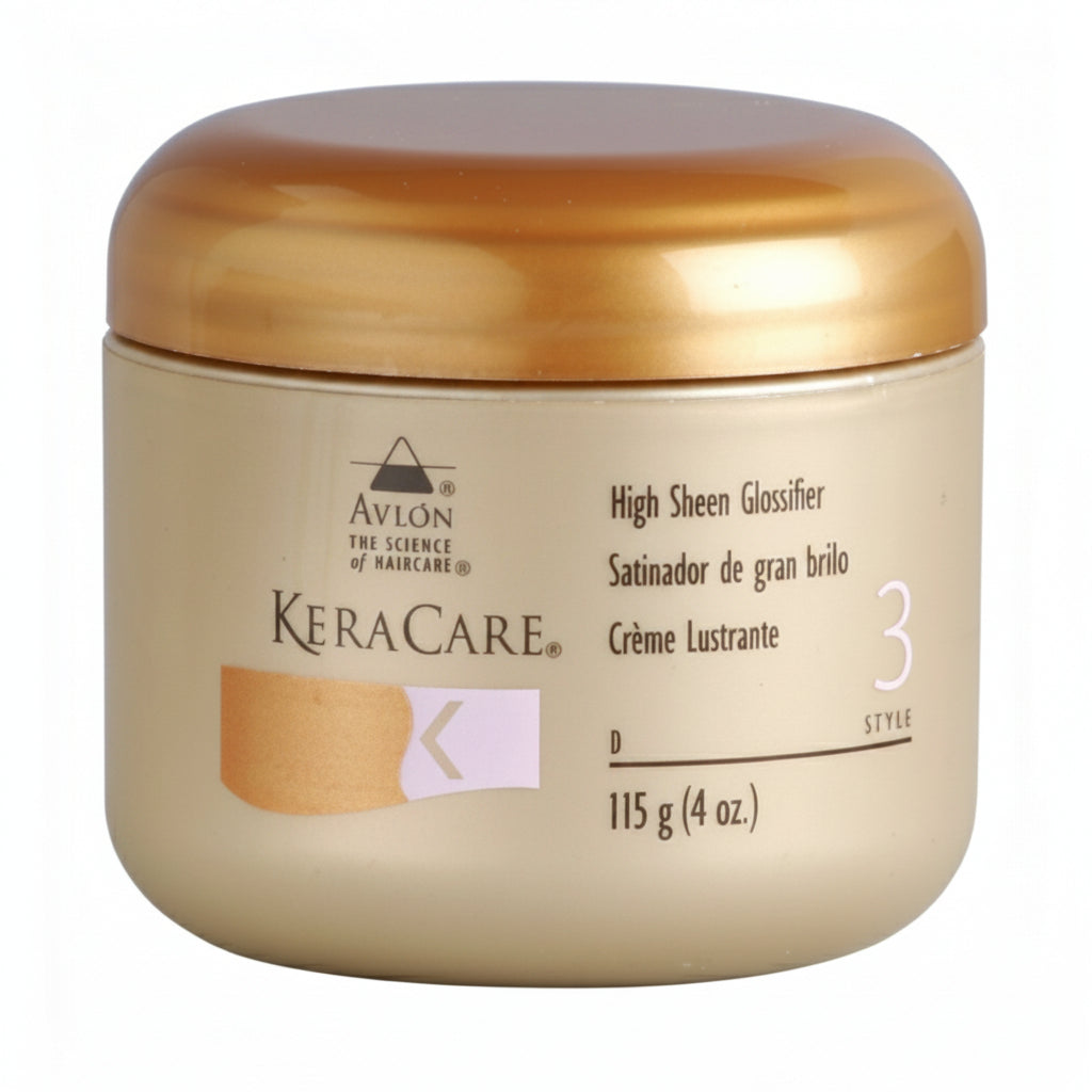 Keracare hair product jar with gold lid on a white background