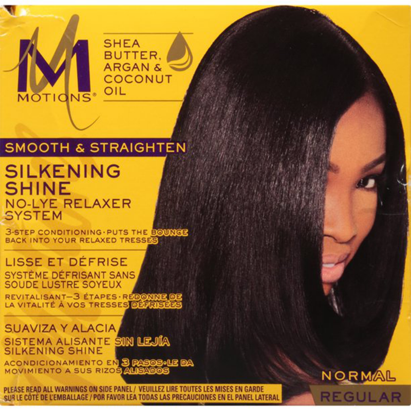 Motions hair product packaging with a woman's face on a yellow background