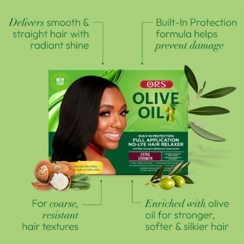ORS Olive Oil hair relaxer packaging with a woman's face and product details on a green background