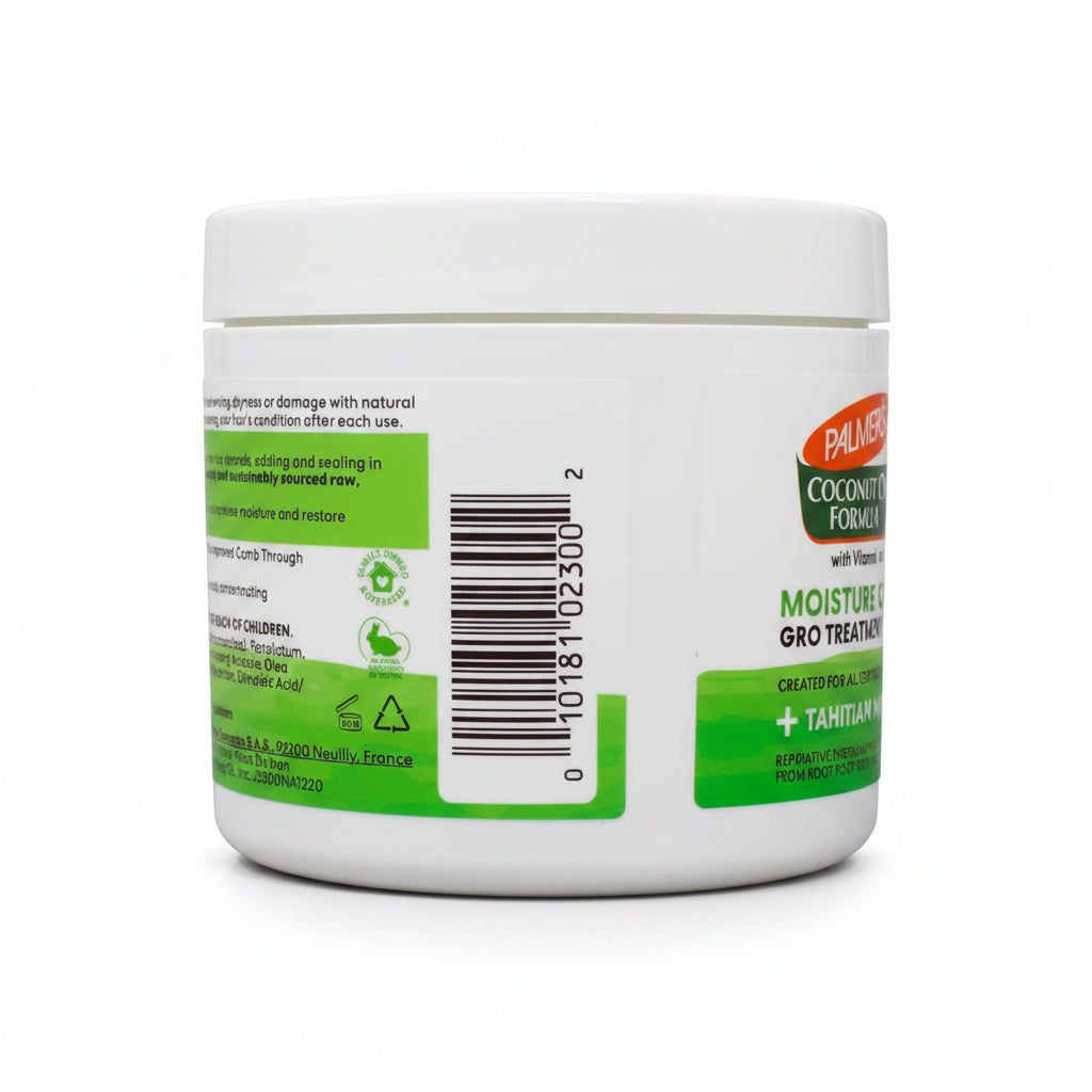 Jar of Palmers Coconut Formula Moisture Gro Treatment with label and branding.